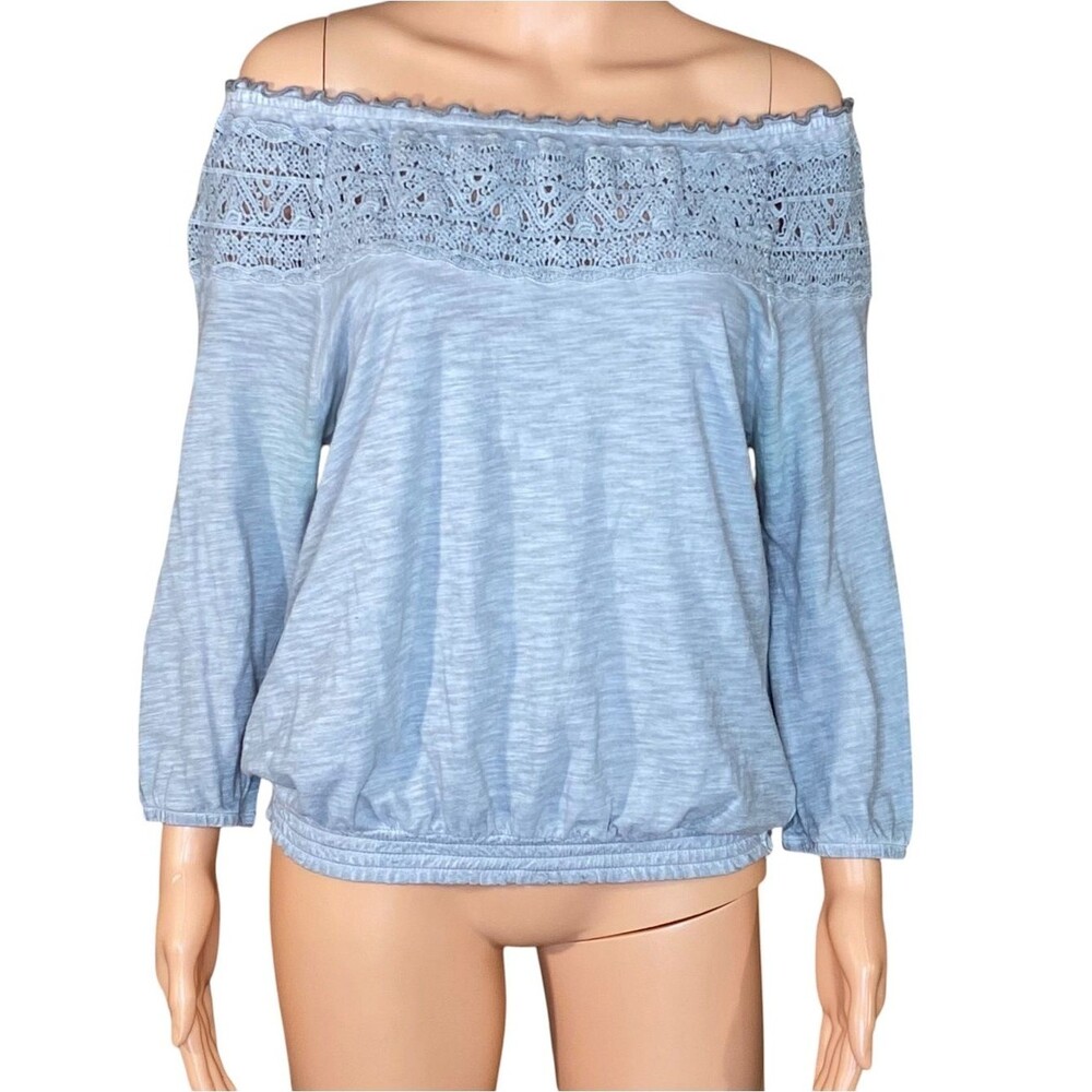 Sonoma Off The Shoulder Knit Top Light Gray Crochet Details Feminine Romantic SM